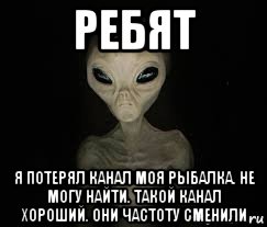 ребят я потерял канал моя рыбалка. не могу найти. такой канал хороший. они частоту сменили, Мем ИНОПЛАНЕТЯНИН