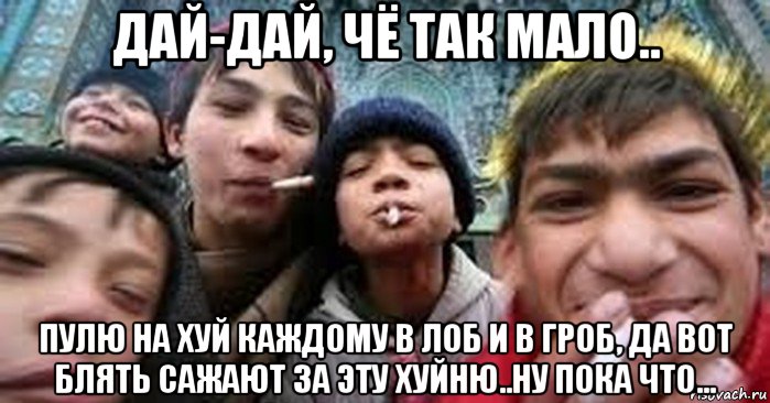 дай-дай, чё так мало.. пулю на хуй каждому в лоб и в гроб, да вот блять сажают за эту хуйню..ну пока что..., Мем МРази