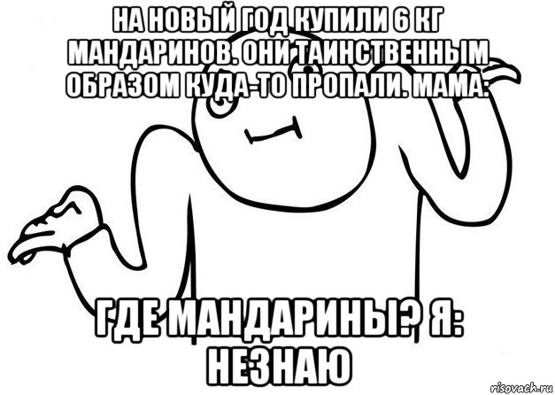 на новый год купили 6 кг мандаринов. они таинственным образом куда-то пропали. мама: где мандарины? я: незнаю, Мем Незнаю