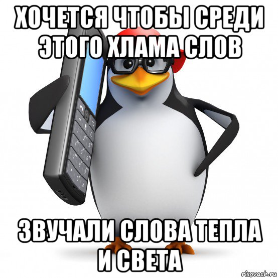 хочется чтобы среди этого хлама слов звучали слова тепла и света, Мем   Пингвин звонит