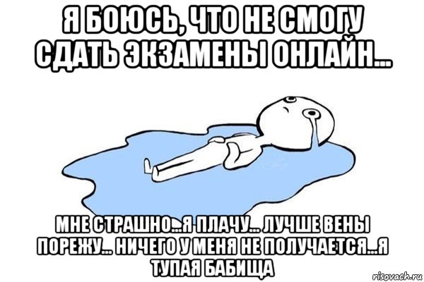 я боюсь, что не смогу сдать экзамены онлайн... мне страшно...я плачу... лучше вены порежу... ничего у меня не получается...я тупая бабища, Мем Плачущий человек