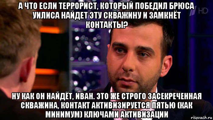 а что если террорист, который победил брюса уилиса найдет эту скважину и замкнёт контакты? ну как он найдёт, иван. это же строго засекреченная скважина, контакт активизируется пятью (как минимум) ключами активизации