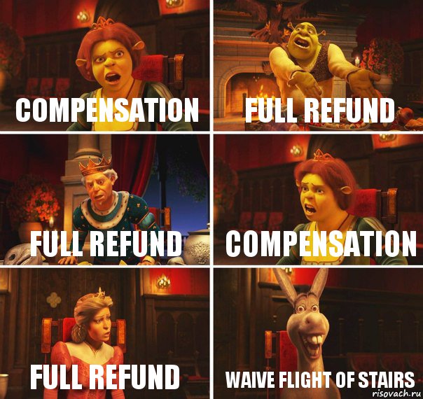 COMPENSATION FULL REFUND FULL REFUND COMPENSATION FULL REFUND WAIVE FLIGHT OF STAIRS, Комикс  Шрек Фиона Гарольд Осел