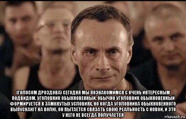  (голосом дроздова) сегодня мы познакомимся с очень интересным подвидом. уголовник обыкновенный. обычно уголовник обыкновенный формируется в замкнутых условиях, но когда уголовника обыкновенного выпускают на волю, он пытается связать свою реальность с новой, и это у него не всегда получается, Мем Туповатый