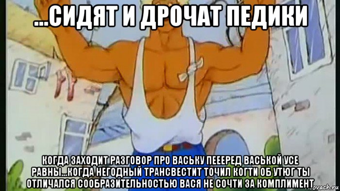 ...сидят и дрочат педики когда заходит разговор про ваську пеееред васькой усе равны...когда негодный трансвестит точил когти об утюг ты отличался сообразительностью вася не сочти за комплимент, Мем Вася