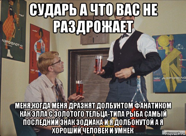 сударь а что вас не раздрожает меня,когда меня дразнят долбунтом фанатиком как элла с золотого тельца-типа рыба самый последний знак зодиака и я долбонутой а я хороший человек и умнек, Мем Выпьем же