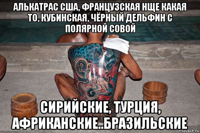 алькатрас сша, французская нще какая то, кубинская, чёрный дельфин с полярной совой сирийские, турция, африканские..бразильские, Мем Japan тюрьма