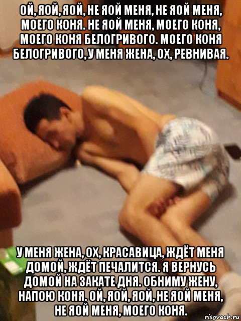 ой, яой, яой, не яой меня, не яой меня, моего коня. не яой меня, моего коня, моего коня белогривого. моего коня белогривого, у меня жена, ох, ревнивая. у меня жена, ох, красавица, ждёт меня домой, ждёт печалится. я вернусь домой на закате дня. обниму жену, напою коня. ой, яой, яой, не яой меня, не яой меня, моего коня., Мем Максим Моисеев