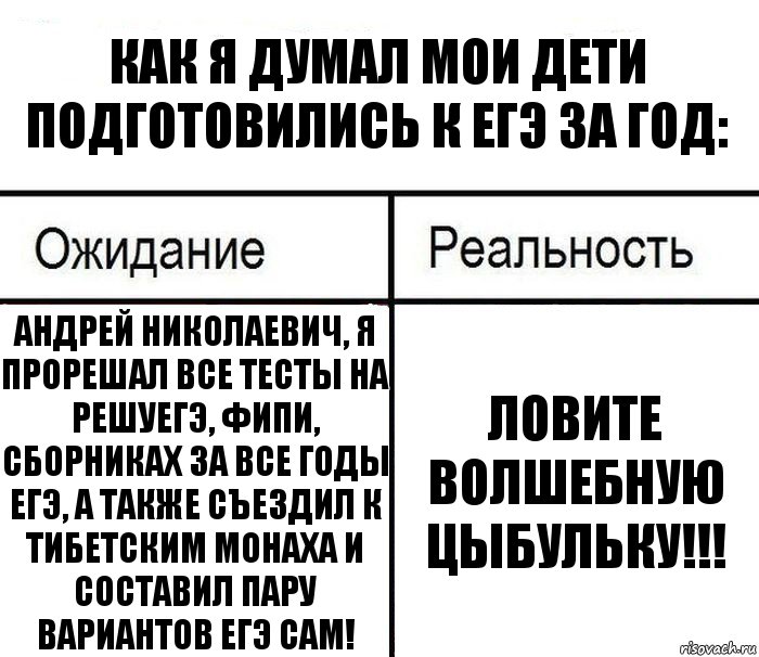 Как я думал мои дети подготовились к ЕГЭ за год: Андрей Николаевич, я прорешал все тесты на РЕШУЕГЭ, ФИПИ, СБОРНИКАХ за все годы ЕГЭ, а также съездил к тибетским монаха и составил пару вариантов ЕГЭ сам! Ловите волшебную цыбульку!!!