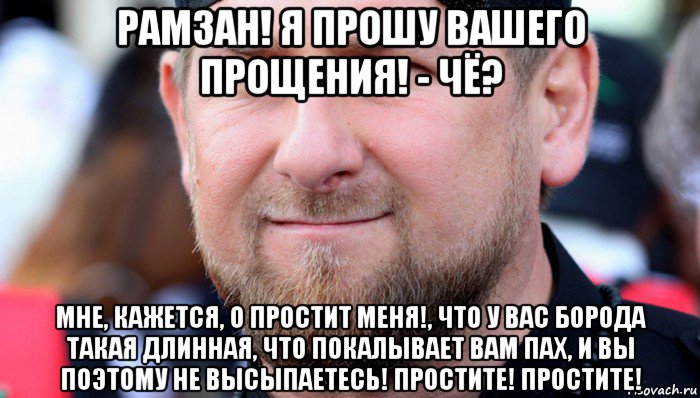 рамзан! я прошу вашего прощения! - чё? мне, кажется, о простит меня!, что у вас борода такая длинная, что покалывает вам пах, и вы поэтому не высыпаетесь! простите! простите!, Мем Ramzan