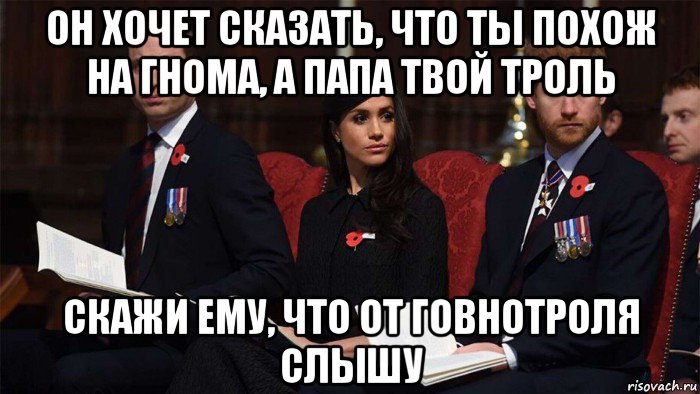 он хочет сказать, что ты похож на гнома, а папа твой троль скажи ему, что от говнотроля слышу, Мем Winsdors