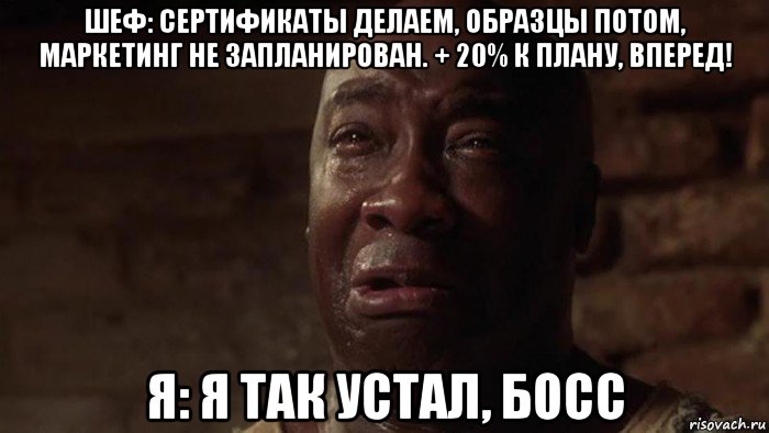 шеф: сертификаты делаем, образцы потом, маркетинг не запланирован. + 20% к плану, вперед! я: я так устал, босс