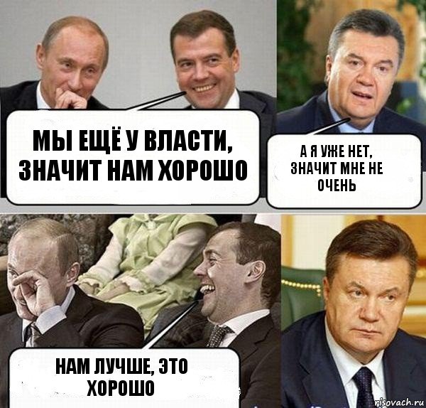 мы ещё у власти, значит нам хорошо а я уже нет, значит мне не очень нам лучше, это хорошо, Комикс  Разговор Януковича с Путиным и Медведевым