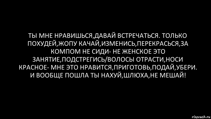 Ты мне нравишься,давай встречаться. Только похудей,жопу качай,изменись,перекрасься,за компом не сиди- не женское это занятие,подстрегись/волосы отрасти,носи красное- мне это нравится,приготовь,подай,убери. И вообще пошла ты нахуй,шлюха,не мешай!