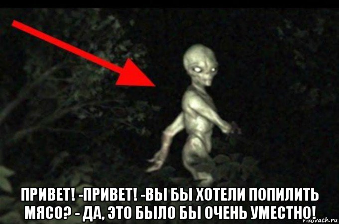  привет! -привет! -вы бы хотели попилить мясо? - да, это было бы очень уместно!, Мем Инопланетянин