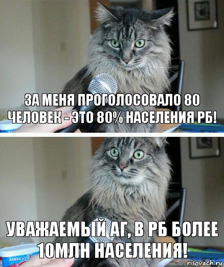 За меня проголосовало 80 человек - это 80% населения РБ! Уважаемый АГ, в РБ более 10млн населения!, Комикс  кот с микрофоном