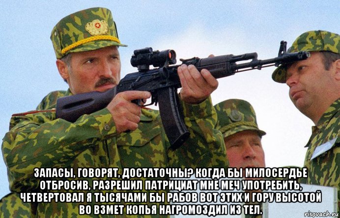  запасы, говорят, достаточны? когда бы милосердье отбросив, разрешил патрициат мне меч употребить, четвертовал я тысячами бы рабов вот этих и гору высотой во взмет копья нагромоздил из тел., Мем Лукашенко