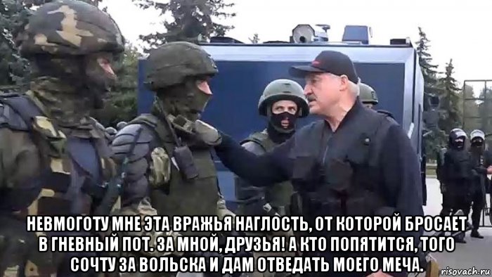  невмоготу мне эта вражья наглость, от которой бросает в гневный пот. за мной, друзья! а кто попятится, того сочту за вольска и дам отведать моего меча., Мем Лукашенко