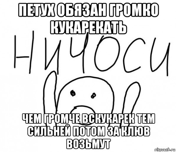 петух обязан громко кукарекать чем громче вскукарек тем сильней потом за клюв возьмут, Мем  Ничоси