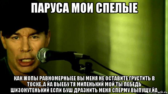 паруса мои спелые как жопы равномерныее вы меня не оставите грустить в тоске..а йа выебу тя миленький мой ты лебедь шизонутенький если буш дразнить меня сперму выпущу йа