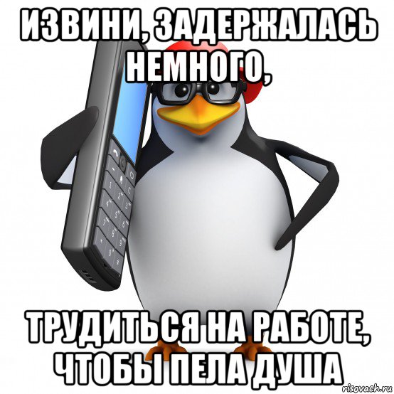 извини, задержалась немного, трудиться на работе, чтобы пела душа, Мем   Пингвин звонит