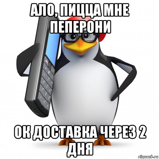 ало, пицца мне пеперони ок доставка через 2 дня, Мем   Пингвин звонит