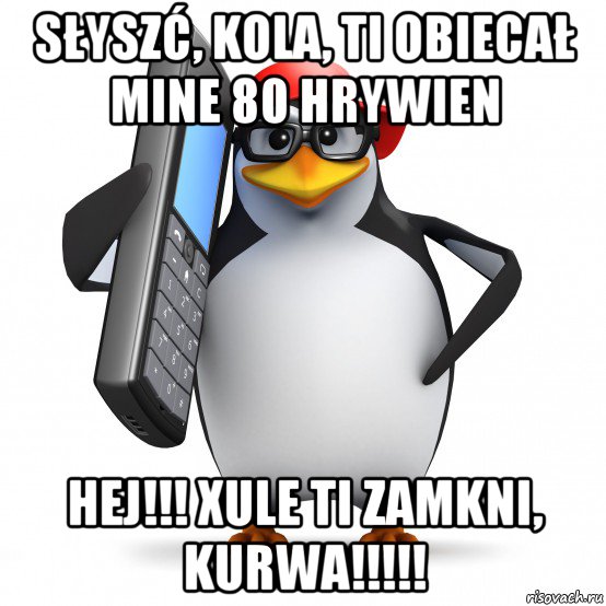 słyszć, kola, ti obiecał mine 80 hrywien hej!!! xule ti zamkni, kurwa!!!!!, Мем   Пингвин звонит