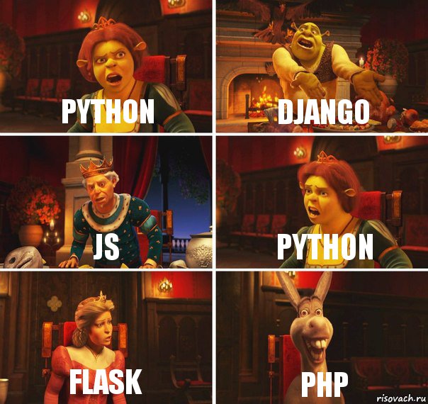 Python Django JS Python Flask PHP, Комикс  Шрек Фиона Гарольд Осел