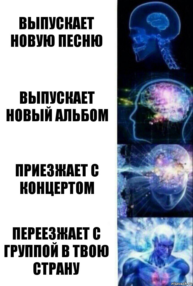 выпускает новую песню выпускает новый альбом приезжает с концертом переезжает с группой в твою страну, Комикс  Сверхразум