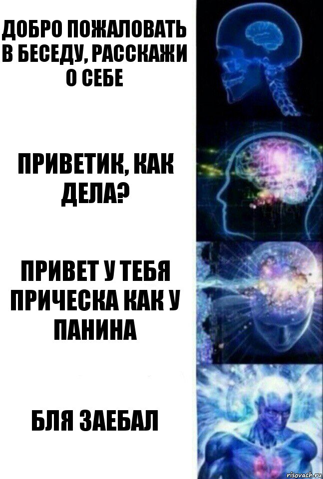 Добро пожаловать в беседу, расскажи о себе Приветик, как дела? Привет у тебя прическа как у Панина Бля заебал, Комикс  Сверхразум