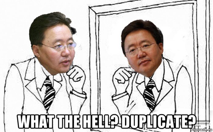  what the hell? duplicate?, Мем Elbegdorj looks onto another Elbegdorj