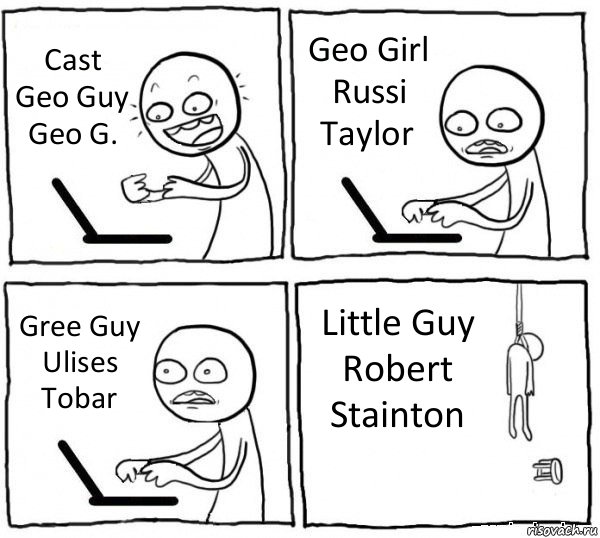 Cast
Geo Guy
Geo G. Geo Girl
Russi Taylor Gree Guy
Ulises Tobar Little Guy
Robert Stainton, Комикс интернет убивает