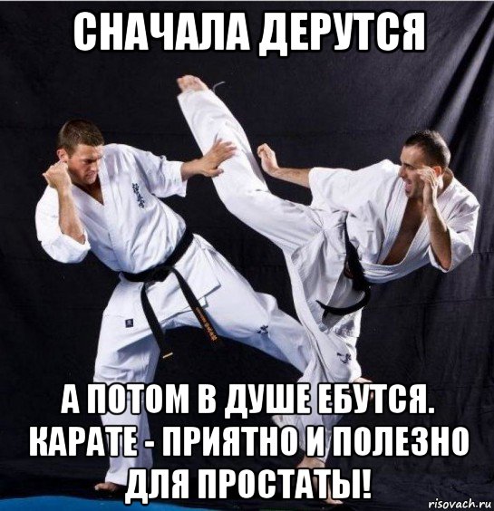 сначала дерутся а потом в душе ебутся. карате - приятно и полезно для простаты!, Мем Как сказать удар словами