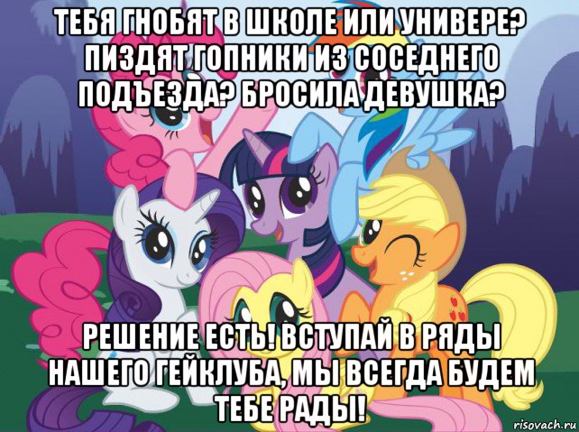 тебя гнобят в школе или универе? пиздят гопники из соседнего подъезда? бросила девушка? решение есть! вступай в ряды нашего гейклуба, мы всегда будем тебе рады!, Мем My little pony