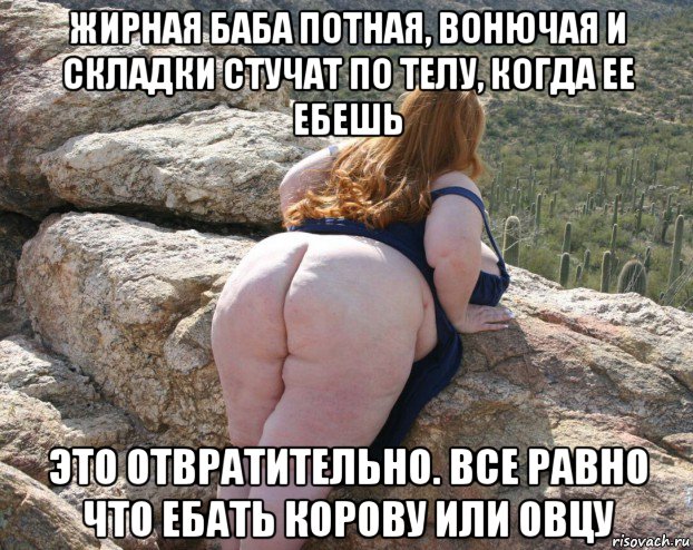 жирная баба потная, вонючая и складки стучат по телу, когда ее ебешь это отвратительно. все равно что ебать корову или овцу