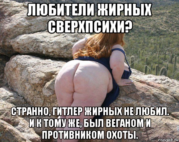 любители жирных сверхпсихи? странно, гитлер жирных не любил. и к тому же, был веганом и противником охоты.