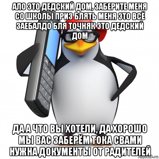 ало это дедский дом, заберите меня со школы приз блять меня это всё заебалдо бля точняк это дедский дом да а что вы хотели, да хорошо мы вас заберём тока свами нужна документы от радителей, Мем   Пингвин звонит