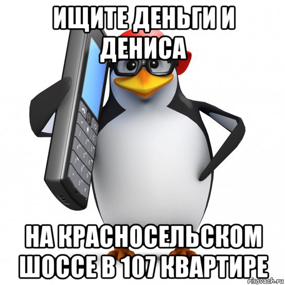 ищите деньги и дениса на красносельском шоссе в 107 квартире, Мем   Пингвин звонит