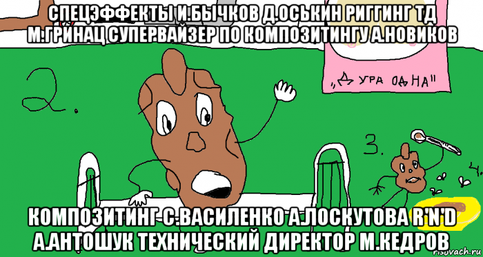 спецэффекты и.бычков д.оськин риггинг тд м.гринац супервайзер по композитингу а.новиков композитинг с.василенко а.лоскутова r'n'd а.антошук технический директор м.кедров