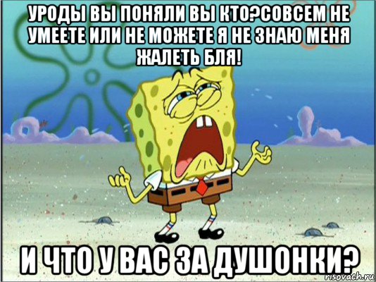 уроды вы поняли вы кто?совсем не умеете или не можете я не знаю меня жалеть бля! и что у вас за душонки?, Мем Спанч Боб плачет