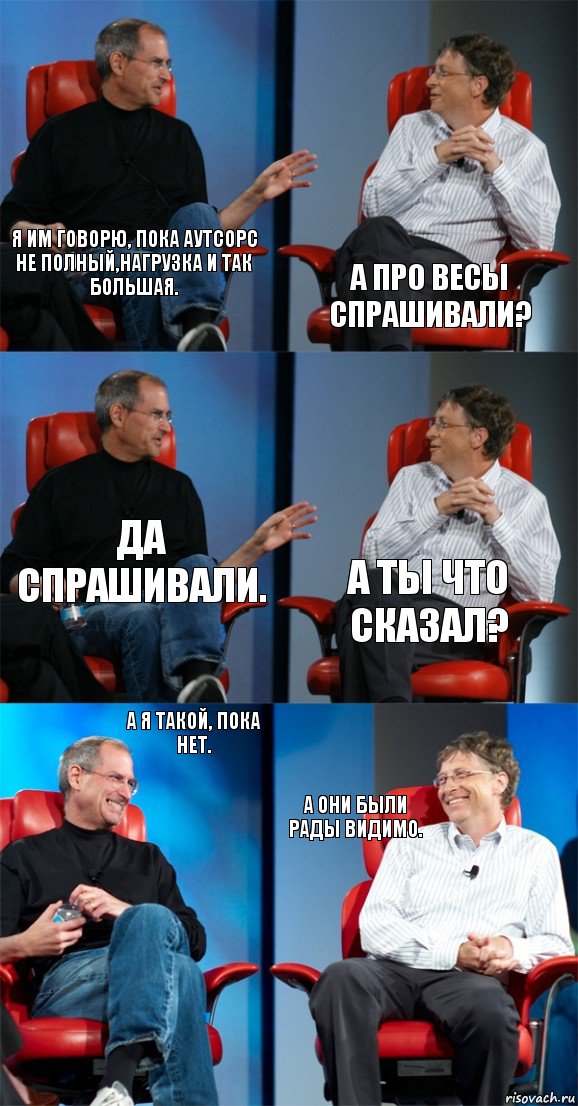 Я им говорю, пока аутсорс не полный,нагрузка и так большая. А про весы спрашивали? Да спрашивали. А ты что сказал? А я такой, пока нет. А они были рады видимо., Комикс Стив Джобс и Билл Гейтс (6 зон)