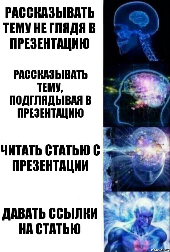 Рассказывать тему не глядя в презентацию Рассказывать тему, подглядывая в презентацию Читать статью с презентации Давать ссылки на статью, Комикс  Сверхразум