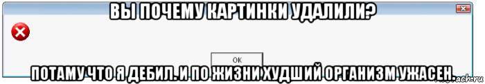 вы почему картинки удалили? потаму что я дебил. и по жизни худший организм ужасен., Мем WindowsОшибка-предупреждение