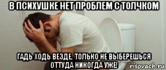 в психушке нет проблем с толчком гадь ходь везде. только не выберешься оттуда никогда уже!, Мем Человек на Толчке