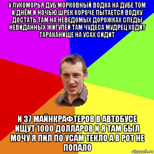 у лукоморья дуб морковный водка на дубе том и днём и ночью шрек короче пытается водку достать там на неведомых дорожках следы невиданных жигулей там чудеса мудрец ходит тараканище на усах сидит и 37 майнкрафтеров в автобусе ищут 1000 долларов и я там был мочу я пил по усам текло а в рот не попало, Мем Чоткий паца