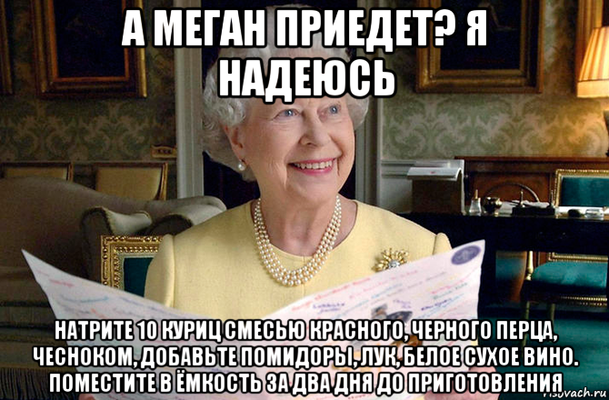 а меган приедет? я надеюсь натрите 10 куриц смесью красного, черного перца, чесноком, добавьте помидоры, лук, белое сухое вино. поместите в ёмкость за два дня до приготовления, Мем Елизавета