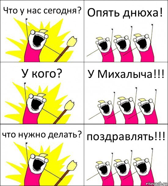 Что у нас сегодня? Опять днюха! У кого? У Михалыча!!! что нужно делать? поздравлять!!!, Комикс кто мы