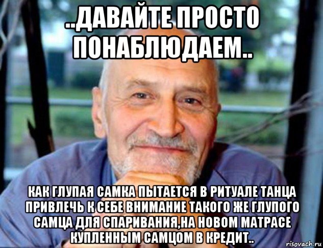 ..давайте просто понаблюдаем.. как глупая самка пытается в ритуале танца привлечь к себе внимание такого же глупого самца для спаривания,на новом матрасе купленным самцом в кредит..