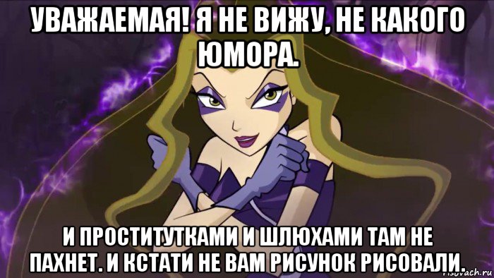 уважаемая! я не вижу, не какого юмора. и проститутками и шлюхами там не пахнет. и кстати не вам рисунок рисовали., Мем Огромная просьба не шутит я не понимаю юмора