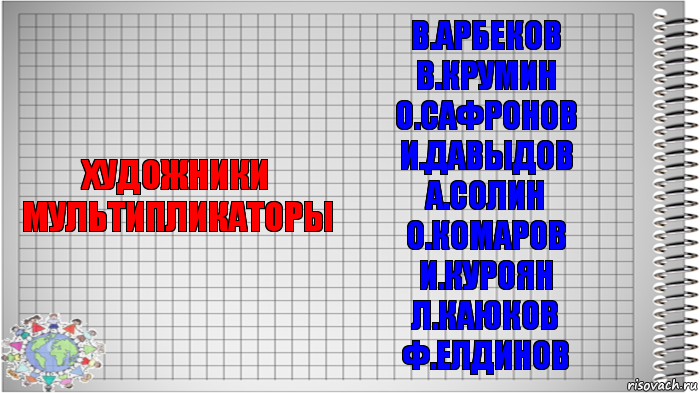 художники мультипликаторы В.Арбеков
В.Крумин
О.Сафронов
И.Давыдов
А.Солин
О.Комаров
И.Куроян
Л.Каюков
Ф.Елдинов, Комикс   Блокнот перевод